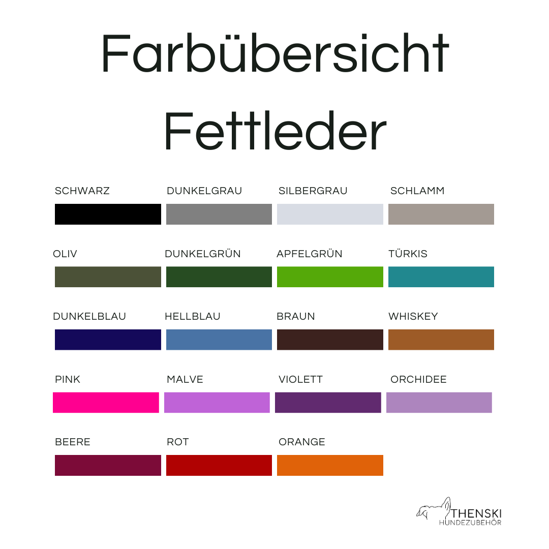 Farbkarte für Lederhalsbänder – Übersicht der verfügbaren einfarbigen Ledertöne für Hundehalsbänder