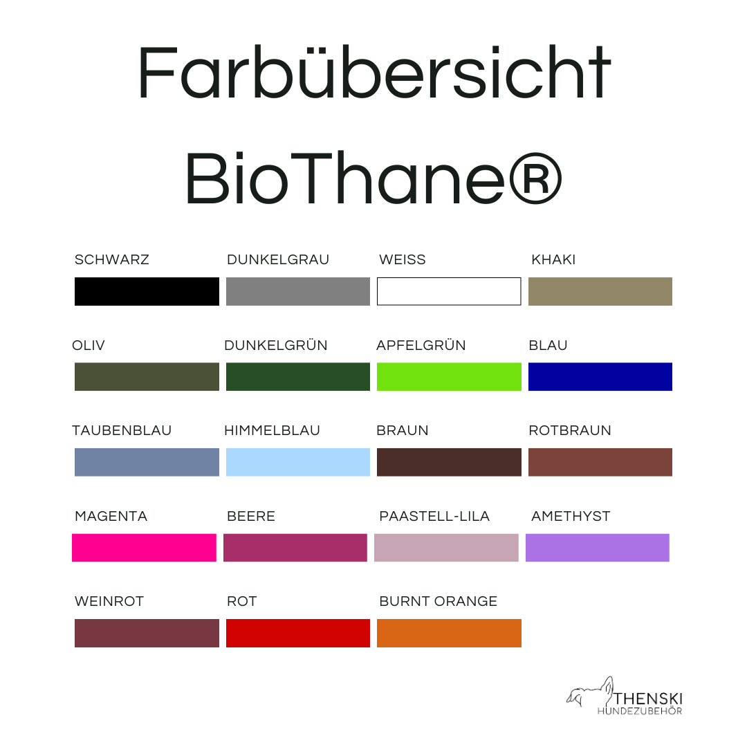 Farbkarte für Biothane® – Übersicht der verfügbaren zweifarbigen Biothane®-Farben für Hundehalsbänder und Leinen