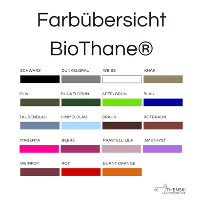 Farbkarte für Biothane® – Übersicht der verfügbaren zweifarbigen Biothane®-Farben für Hundehalsbänder und Leinen