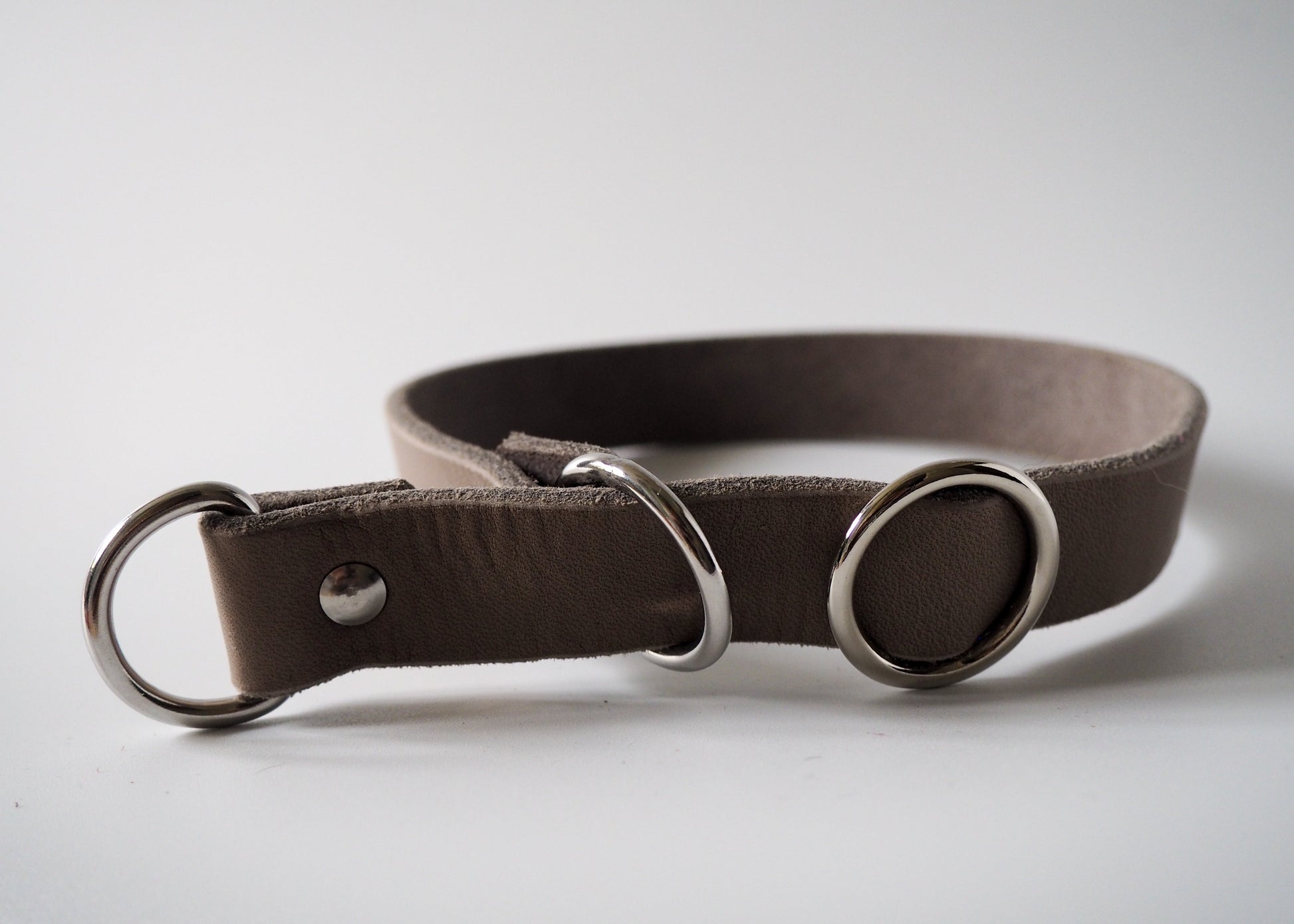 Verstellbares Zugstop Halsband aus einfarbigem Leder auf weißem Hintergrund – handgefertigt, robust und individuell anpassbar