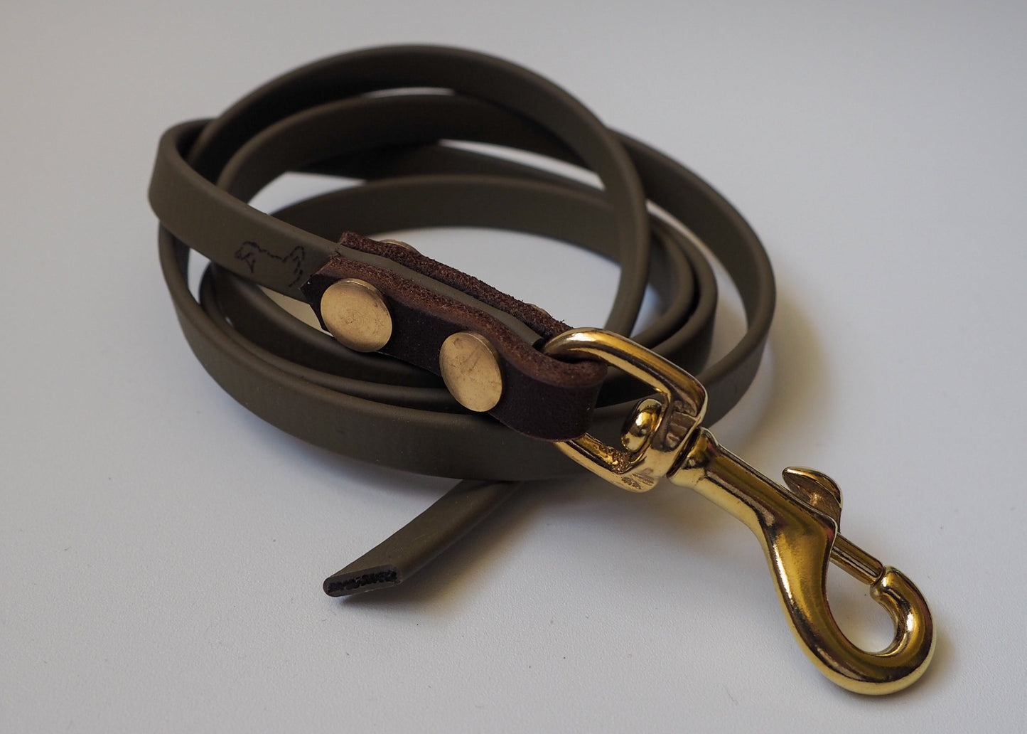 Zweifarbige Führleine aus Biothane® und Leder auf weißem Hintergrund – wetterfest, langlebig & handgefertigt für Hunde aller Rassen