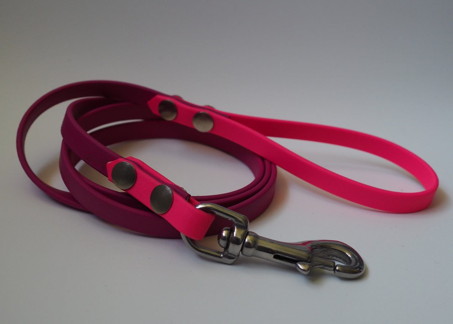 Zweifarbige Biothane® Führleine mit Handschlaufe – robust, wetterfest und handgefertigt auf weißem Hintergrund