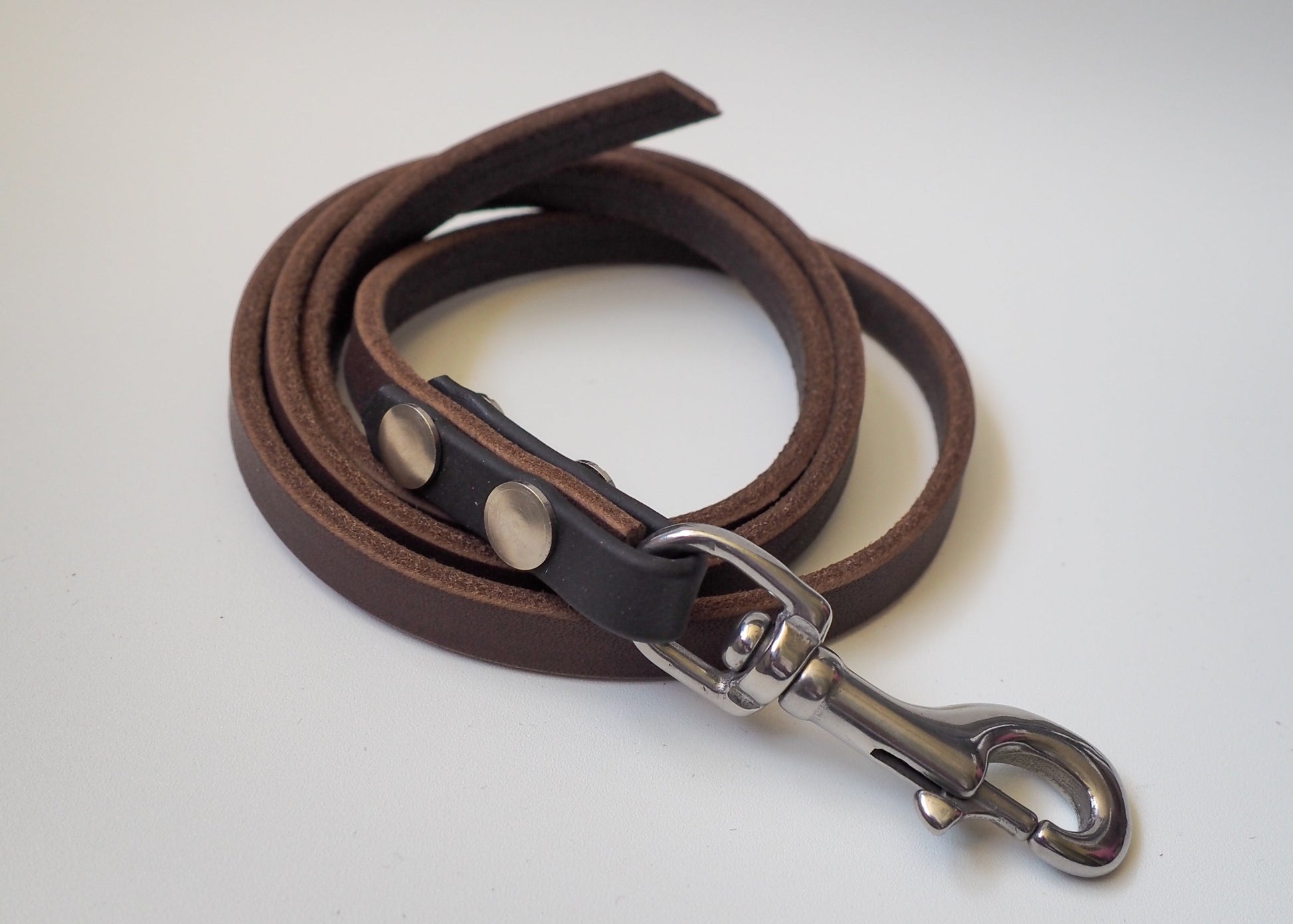 Zweifarbige Führleine aus Leder und Biothane® auf weißem Hintergrund – langlebig, wasserabweisend & handgefertigt für Hunde