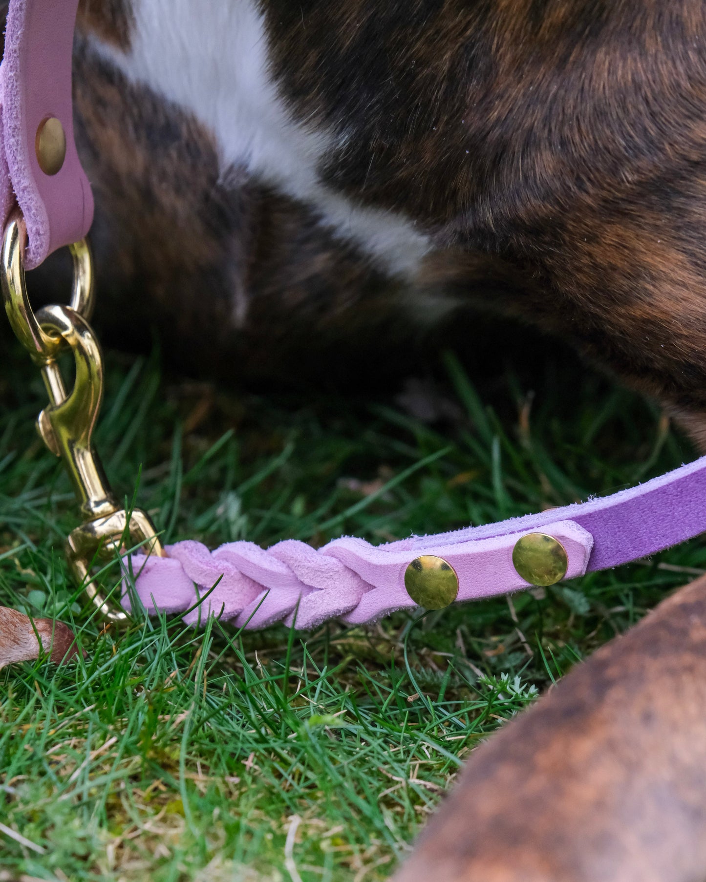 Detailansicht der zweifarbigen Flechtung mit stabilem Karabiner – sorgfältig verarbeitetes Leder in Handarbeit