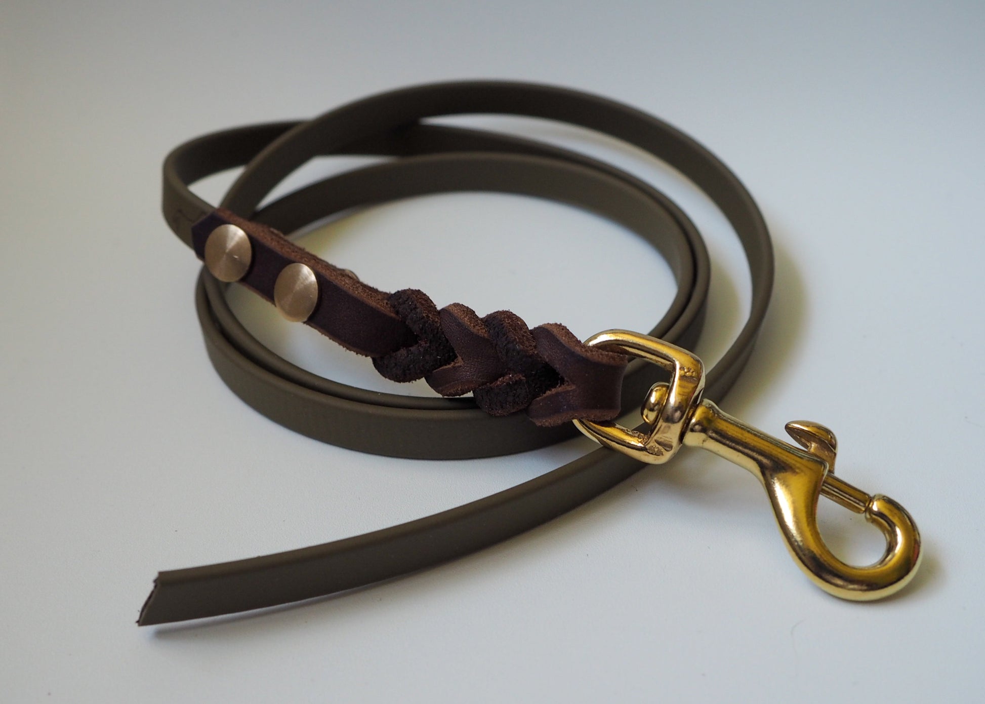 Geflochtene Führleine aus Biothane® und Leder in zweifarbigem Design auf weißem Hintergrund – robust, wasserfest & handgefertigt für Hunde