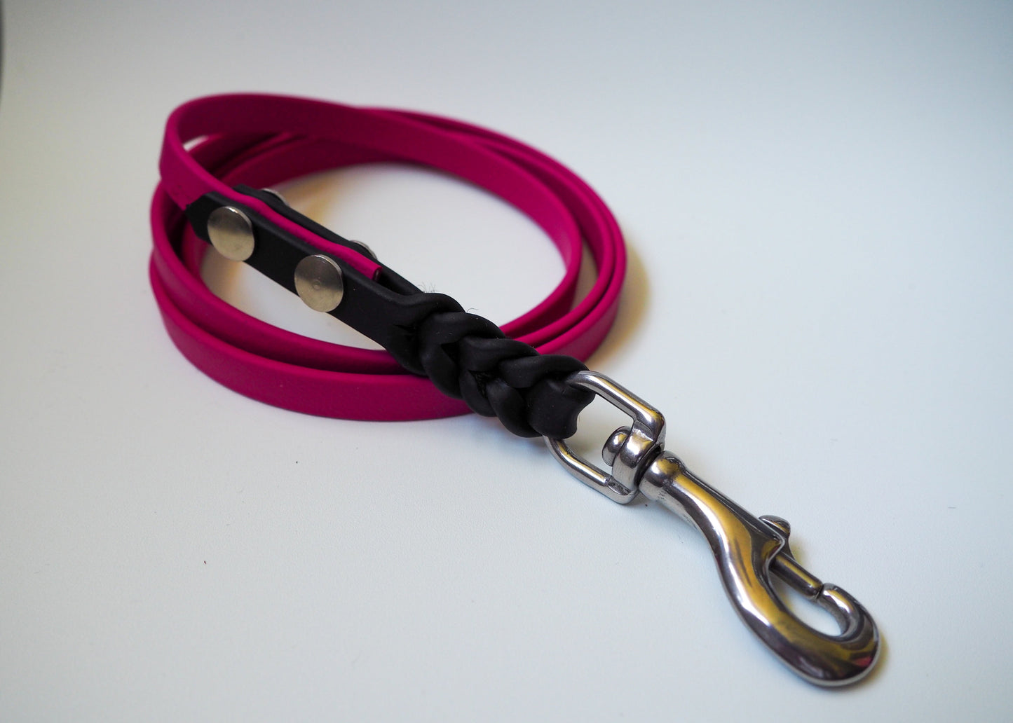 Geflochtene Führleine aus zweifarbigem Biothane® auf weißem Hintergrund – robust, wetterfest und handgefertigt für Hunde