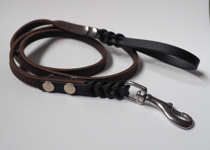Zweifarbige geflochtene Führleine mit Handschlaufe aus Leder und Biothane® – auf weißem Hintergrund