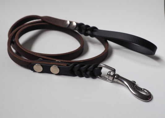 Zweifarbige geflochtene Führleine mit Handschlaufe aus Leder und Biothane® – auf weißem Hintergrund