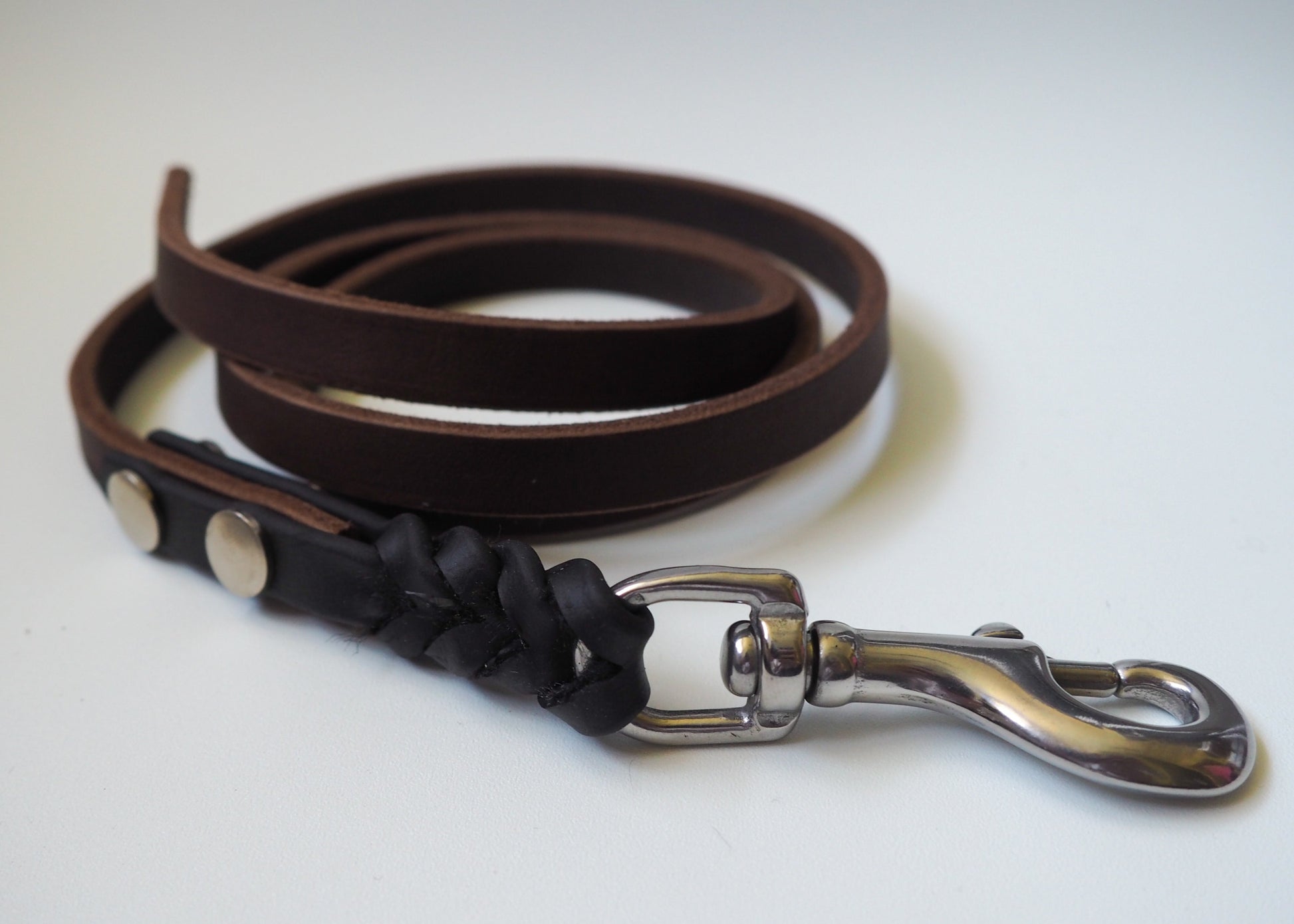Geflochtene Führleine aus zweifarbigem Leder und Biothane® auf weißem Hintergrund – hochwertig, handgefertigt & pflegeleicht für Hunde