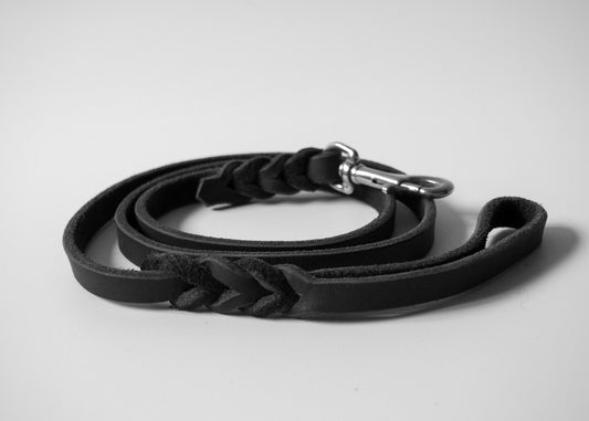 Geflochtene Schleppleine mit Handschlaufe aus einfarbigem Leder auf weißem Hintergrund – hochwertig, robust & handgefertigt für Hunde