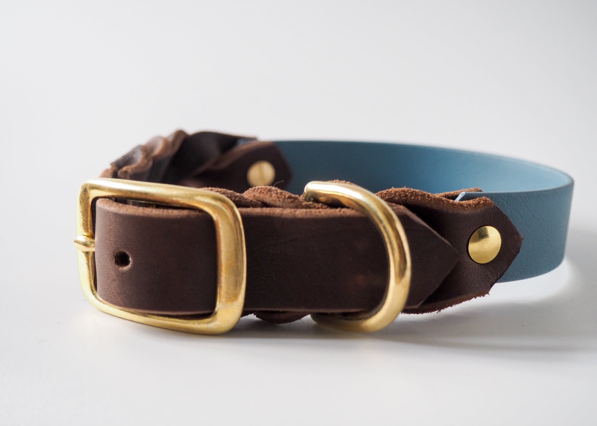 Kombi-Halsband aus zweifarbigem Biothane® und Leder mit Schnallenverschluss auf weißem Hintergrund – hochwertig, wetterfest und handgefertigt