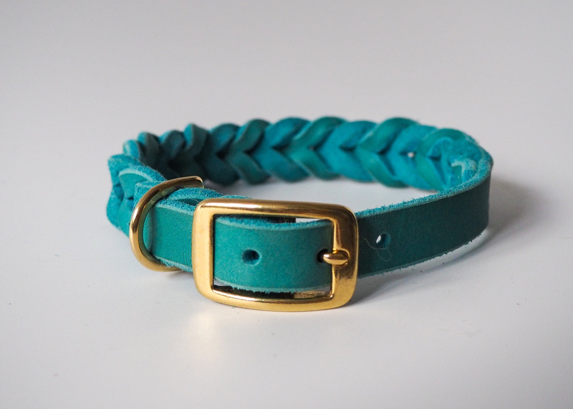 Geflochtenes Hundehalsband aus einfarbigem Leder mit Schnallenverschluss auf weißem Hintergrund – individuell anpassbar in Länge und Breite