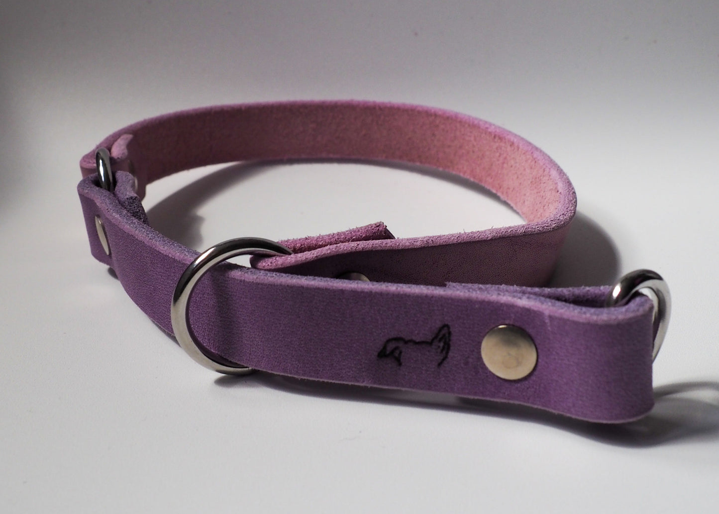 Zugstop Halsband aus zweifarbigem Leder auf weißem Hintergrund – robust, handgefertigt und verstellbar für jeden Hund